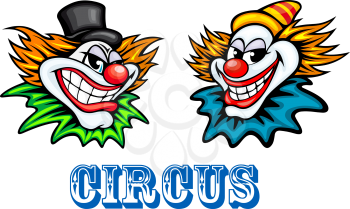 Colorful circus clowns characters dressed in different costumes and hats with big cheesy merry grins