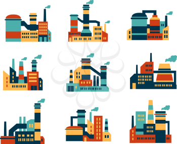 Flat industrial buildings and factories icons isolated on white background for infographics and industry design
