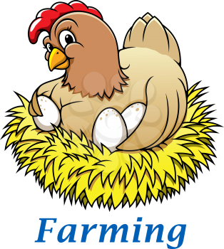 Cartoon happy hen character with eggs in the nest for farming and Easter holiday design