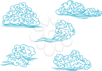 Curly clouds set in outline style for weather, decoration and meteorology design
