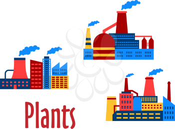Factory and plants building flat icons isolated on white background. May be for industrial and environment design