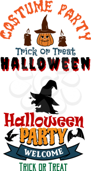Halloween costume party banners with yellow pumpkins, witch, candles, black bats and
text Truck or treat, Halloween, Welcome. For Halloween design
