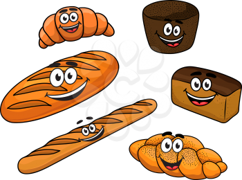 Cartoon fresh bread bakeries with  baguette, croissant, loaf of white bread, bagel and plaited crusty loaf