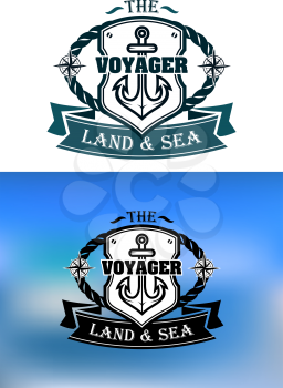 Heraldic marine shield with rope, anchor, compass, ribbon and text Voyager. For marine, transportation or logo idea design 