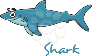 Cute cartoon smiling shark isolated on white. Suitable for wildlife, mascot design