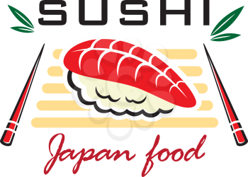 Japanese seafood emblem design with sushi and text Japan food isolated on white background.  For restaurant menu design