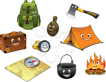 Cartoon camping and travel icons set with backpack, flask, axe, suitcase, lantern, tent, pan, pot and fire