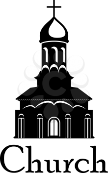 Black and white temple or church icon with the front facade with onion dome and the text Church. For religious and christianity design