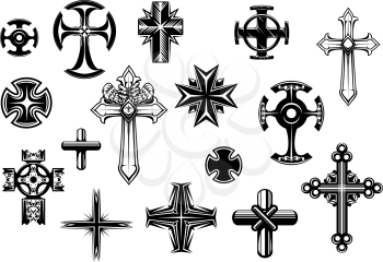 Religious crosses set isolated on white background for religious, tattoo and christianity design