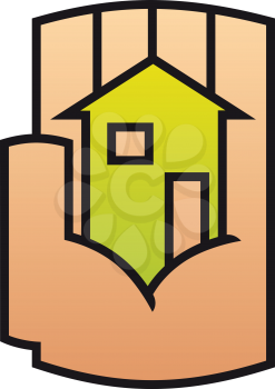 Home icon protected in a stylized hand conceptual of ownership, safety and security. For family, rent or  real estate logo design 