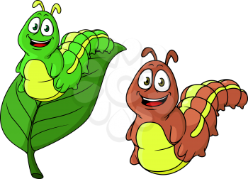 Cartoon funny caterpillar characters in two variations, isolated and on leaf for kids illustration and wildlife