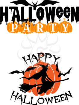 Happy Halloween party advertisement with orange pumpkins, witch, broom, bats and text Happy Halloween for holiday design