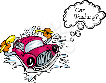 Car washsing service emblem with car, brush and water in cartoon style. Suitable for service design