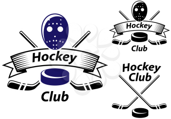 Ice hockey emblems and symbols with goalie mask, sticks, ribbon and puck suitable for sporting logo and recreation design    
