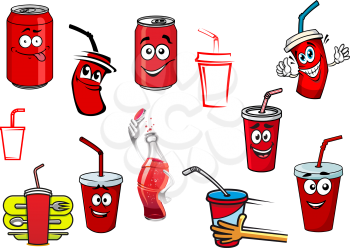 Cartoon cola and soda cans, cups and bottle set for fast food, drink and beverage design