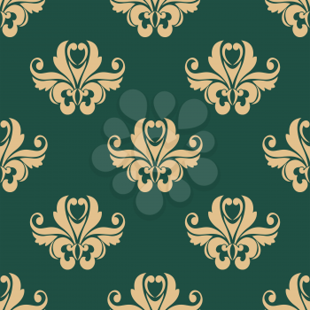 Floral seamless ornate pattern with beige on dark green in square format, for wallpaper, background and fabric design