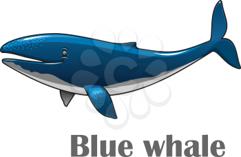Cartoon smiling blue whale isolated on white background for nautical, wildlife and ecology design