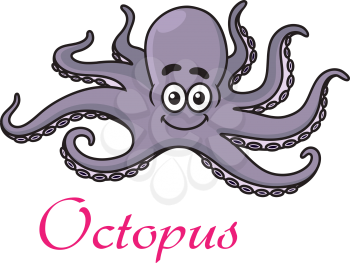 Cute cartoon octopus with a happy smiling face and waving tentacles on white with the text - Octopus - below
