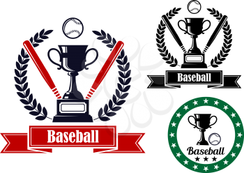 Three baseball badges or emblems, two with bats, a bal and a trophy in a wreath and ribbon banner with text, one in a circular frame and no bats