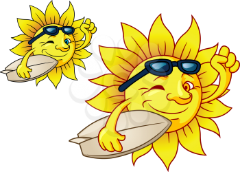 Cute cartoon bright yellow hot surfing sun with sunglasses carrying a surfboard, two color variations on white