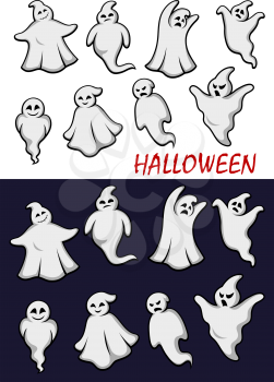 Cute cartoon  Halloween ghosts in flowing white robes in different scary poses with different expressions in two color variants on white and a dark background