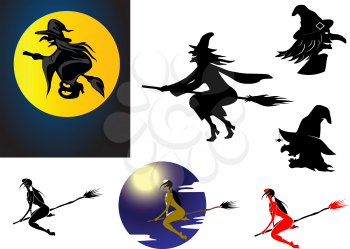 Set of Halloween witches in silhouette flying on her broomstick, crossing the moon, different heads in hats, flying through the moonlit sky and isolated on white