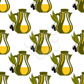 Seamless pattern of olive oil decanters in green and yellow with ripe olives hanging from the handle, repeat motif cartoon vector illustration on white