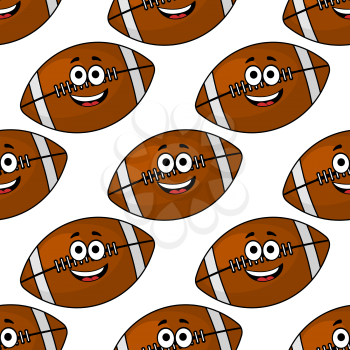 Seamless pattern of brown colored cartoon American footballs with cute little faces in square format for wallpaper and sports design