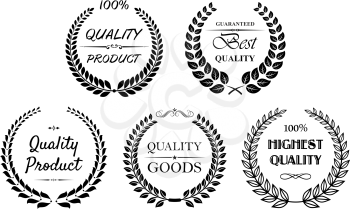 Set of quality wreaths in black and white for retail industry with Quality product, best quality, highest quality and quality goods