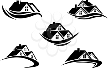 Black and white roof of houses with swoosh is the symbol of real estate business industry design
