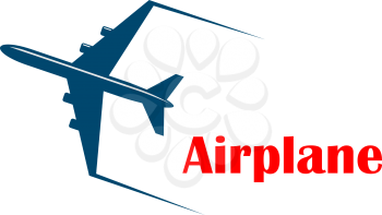 Airplane icon with a speeding jetliner or passenger plane with motion trails and the word - Airplane - in red below, silhouette on white