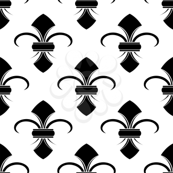 Classical French black and white fleur-de-lis seamless background pattern with a repeat motif in square format suitable for wallpaper or fabric design