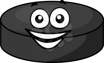 Smiling gray cartoon hockey puck with cute little face in horizontal format isolated over white background