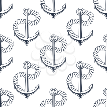 Black and white seamless background pattern with marine anchor with curling rope in a nautical theme suitable for wallpaper, textile or wrapping paper