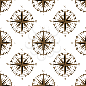 Seamless background pattern of a repeat motif of vintage navigation circular compass with star design or logo isolated on white background
