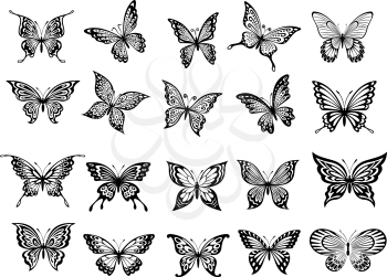 Set of twenty ornate black and white flying butterflies with open wings for use as design elements