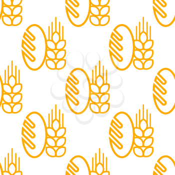 Seamless background pattern of repeat French baguette with an ear of ripe yellow wheat isolated on white background in square format. Suitable for bread and bakery industry