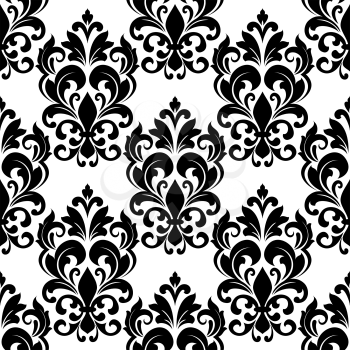 Black and white vintage floral seamless pattern background with arabesque elements in damask style for wallpaper or textile design