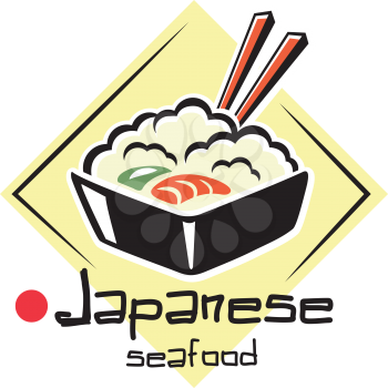 Japanese seafood emblem or label with a bowl of rice and prawns with chopsticks on a beige colored mat above the text - japanese Seafood for restaurant design