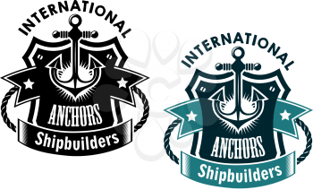 Marine international shipbuilders retro banner with anchor, rope and ribbon for nautical logo design 