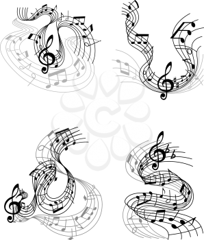 Abstract twisted musical compositions design with music waves, notes and treble clef