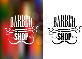 Barber shop icon, emblem or label with moustache and scissors silhouettes for service industry design