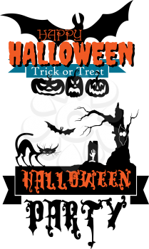 Happy Halloween party banners with pumpkins, flying bat, black cat, tombstone and trick or treat signs