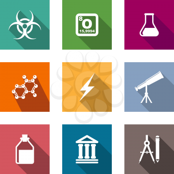 Flat science and education icons set  with flask, molecule, lightning, telescope, pharmaceutical, vial, temple, compass and pencil
