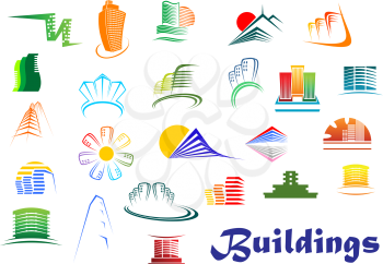 Offices and residential buildings icons in modern style depicting urban office, apartment blocks and high-rise architecture