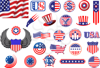 American patriotic badges, symbols and labels decorated with the stars and stripes showing a flag, eagle, map, shield, wings, banner, star and variety of round designs