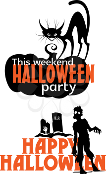 Halloween weekend party invitation with pumpkin, black cat, zombie and tombstone