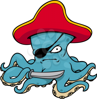 Blue cartoon octopus pirate character wearing red hat and eye patch holding sword