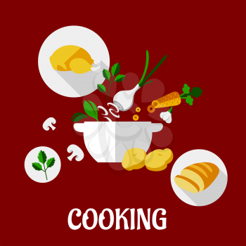 Cooking flat design on a colorful red background with a roast chicken, bread on plates, fresh carrots, onion and mushrooms being sliced into a dish