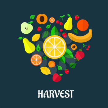 Fruits harvest in heart flat design with apple, peach, apricot, lemon, banana, strawberry, orange, pomegranate, pear and cherry